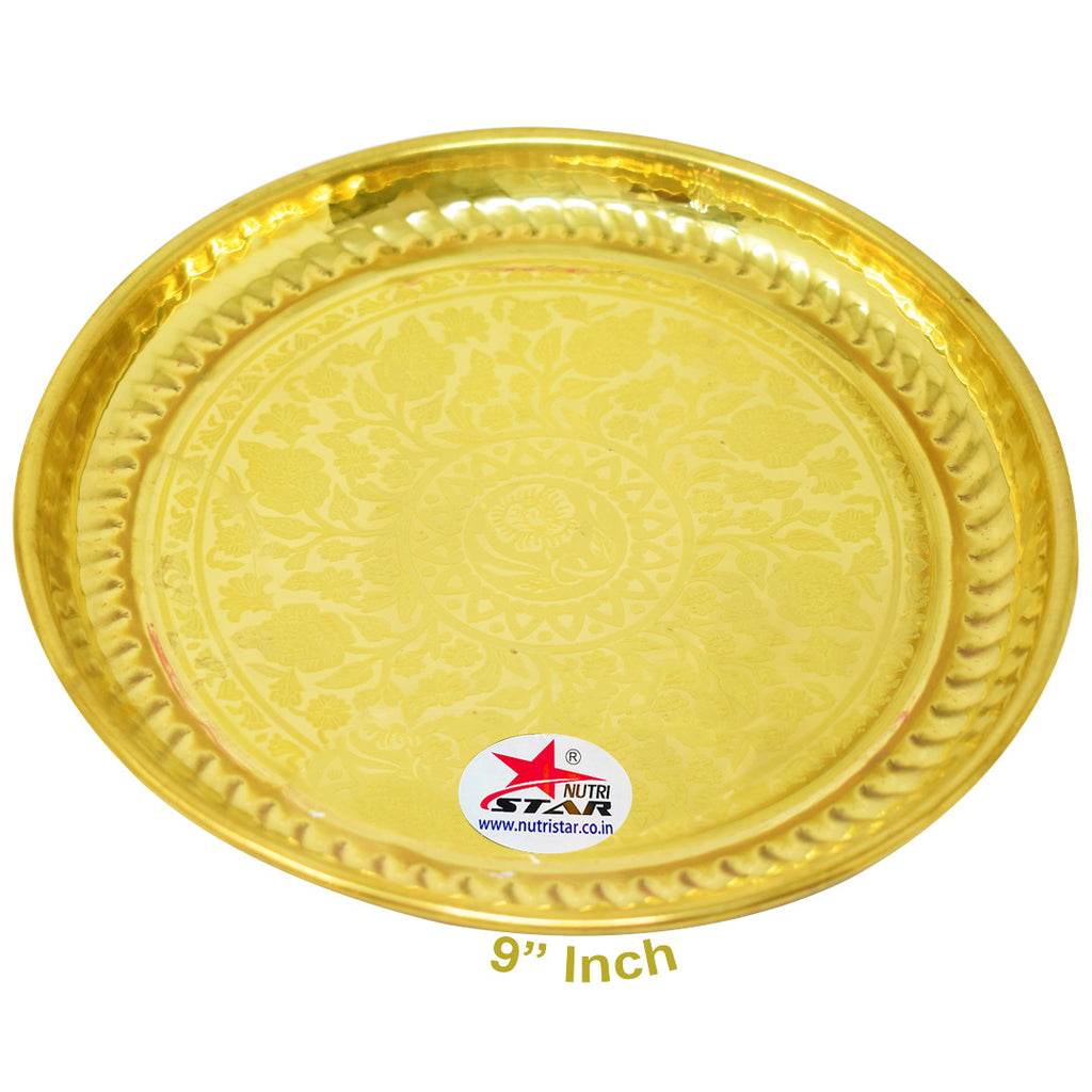 Golden Brass Designer Pooja Plate with Laser Rose Printing, Diameter - 9 Inch.