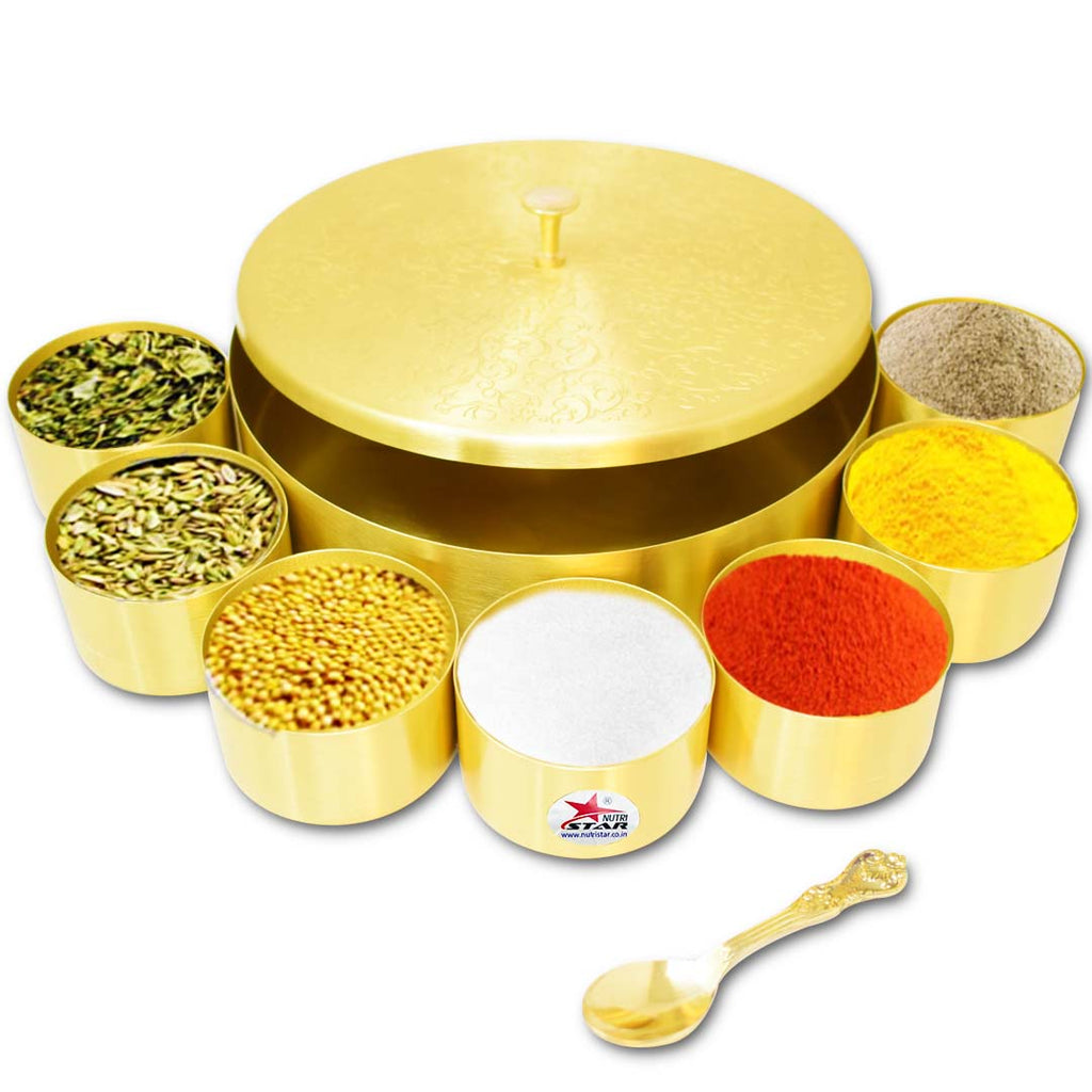 Masala Box, Brass Masala Dabba, Spice Container with 7 Compartments, 7 Inch