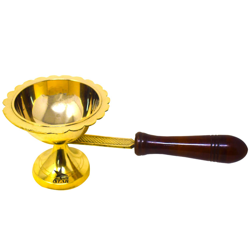 Brass and Wooden Handle Pooja Dhoop Akhand Diya. Pack of 1.