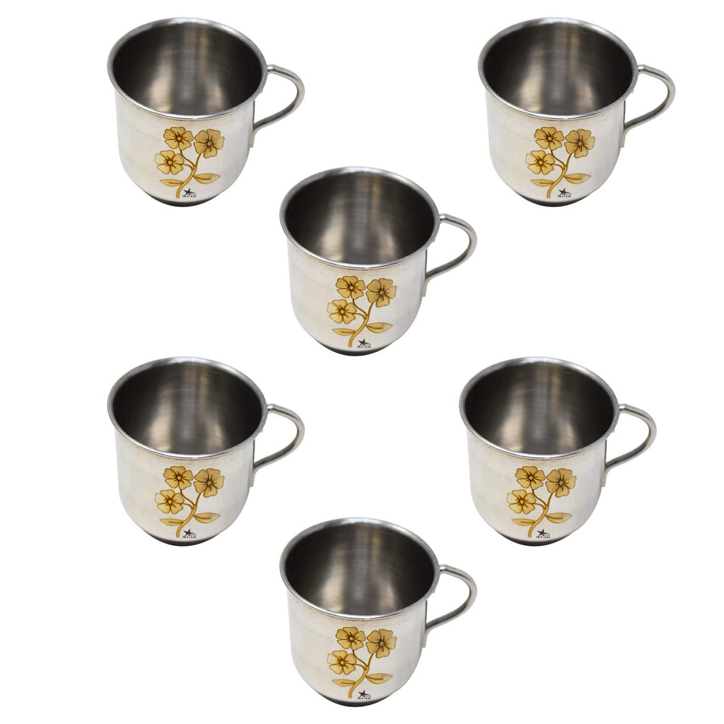 Stainless Steel Tea Cups, Laser Floral Design Tea and Coffee Cups, Colour Steel Grey 6 Pieces Set.