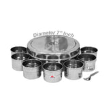 Stainless Steel Masala Box/Dabba With Lid, Spoon, And 7 Cup Bowls.