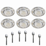 Stainless Steel Dessert Plates with Spoons Set. with Floral Laser Design Best for Serving Dessert. (4 Spoons & 4 Sweet Plate)