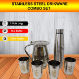 Stainless Steel Jug, Water Bottle and 4 Water Glasses, Drinkware Set.