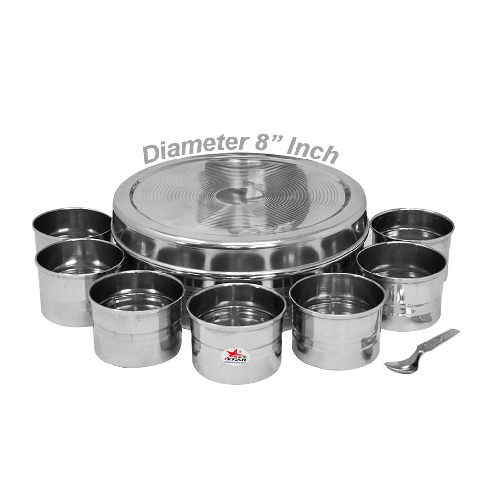 Stainless Steel Masala Box/Dabba With Lid, Spoon, And Cup