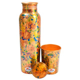 Pure Copper Water Bottle with Glass, Printed Flower Design and Leakproof Threaded Cap, Bottle Capacity 1 Liter, Glass Capacity 250ml, Multicolour.