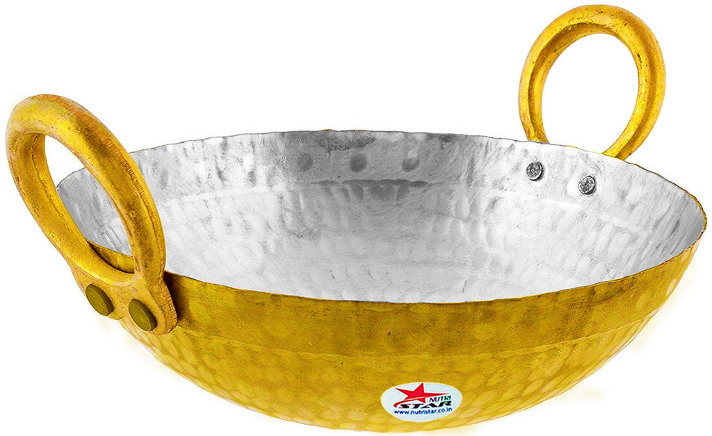 Brass Kadhai Cooking Pot, Brass Fry Pan/Wok, Tin Coating Inside Its Surface.