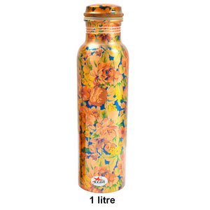 Pure Copper Water Bottle with Glass, Printed Flower Design and Leakproof Threaded Cap, Bottle Capacity 1 Liter, Glass Capacity 250ml, Multicolour.