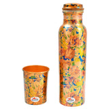 Pure Copper Water Bottle with Glass, Printed Flower Design and Leakproof Threaded Cap, Bottle Capacity 1 Liter, Glass Capacity 250ml, Multicolour.