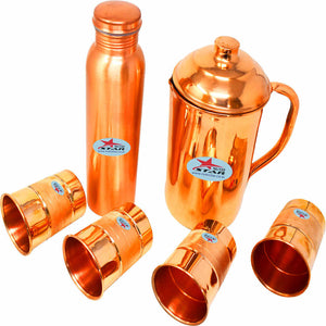 Copper Jug with 1 Water Bottle and 4 Water Glasses, Copper Gift Set